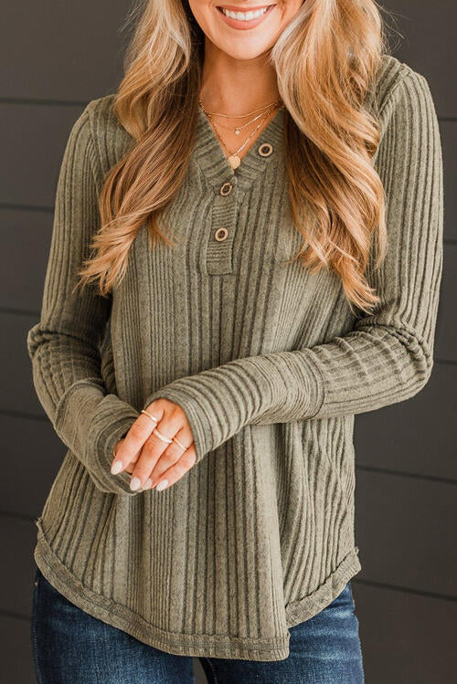 Ribbed Buttoned Long Sleeve Blouse - Munsieur