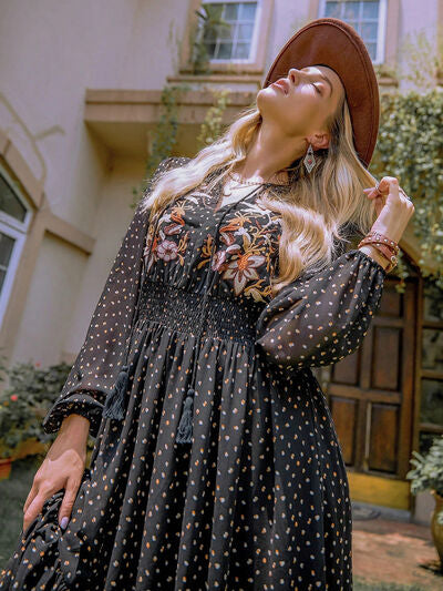 Embroidered Polka Dot Tie Neck Long Sleeve Midi Dress - Munsieur