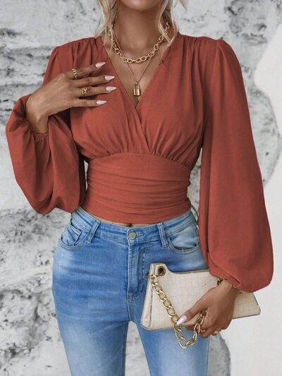 Smocked Surplice Balloon Sleeve Top - Munsieur