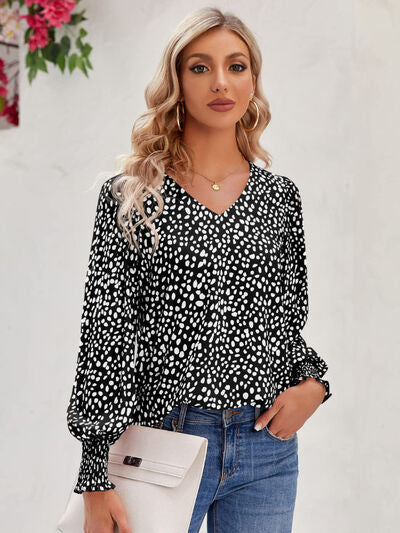 Printed V-Neck Lantern Sleeve Blouse - Munsieur