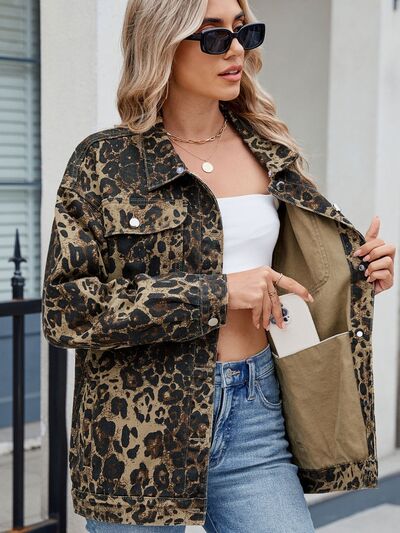 Pocketed Leopard Long Sleeve Denim Jacket - Munsieur