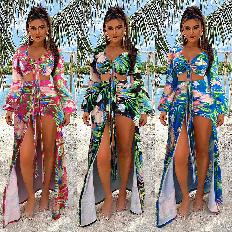 Women's Split Swimsuit Custom Design Printed Long Sleeve Bikini