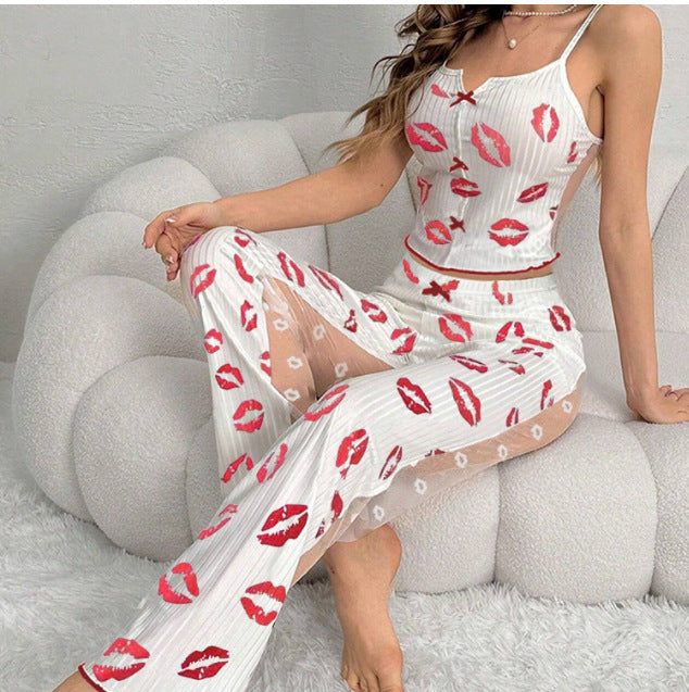 Printed Color Contrast Patchwork Women's Lingerie Pajamas Front Split Sling