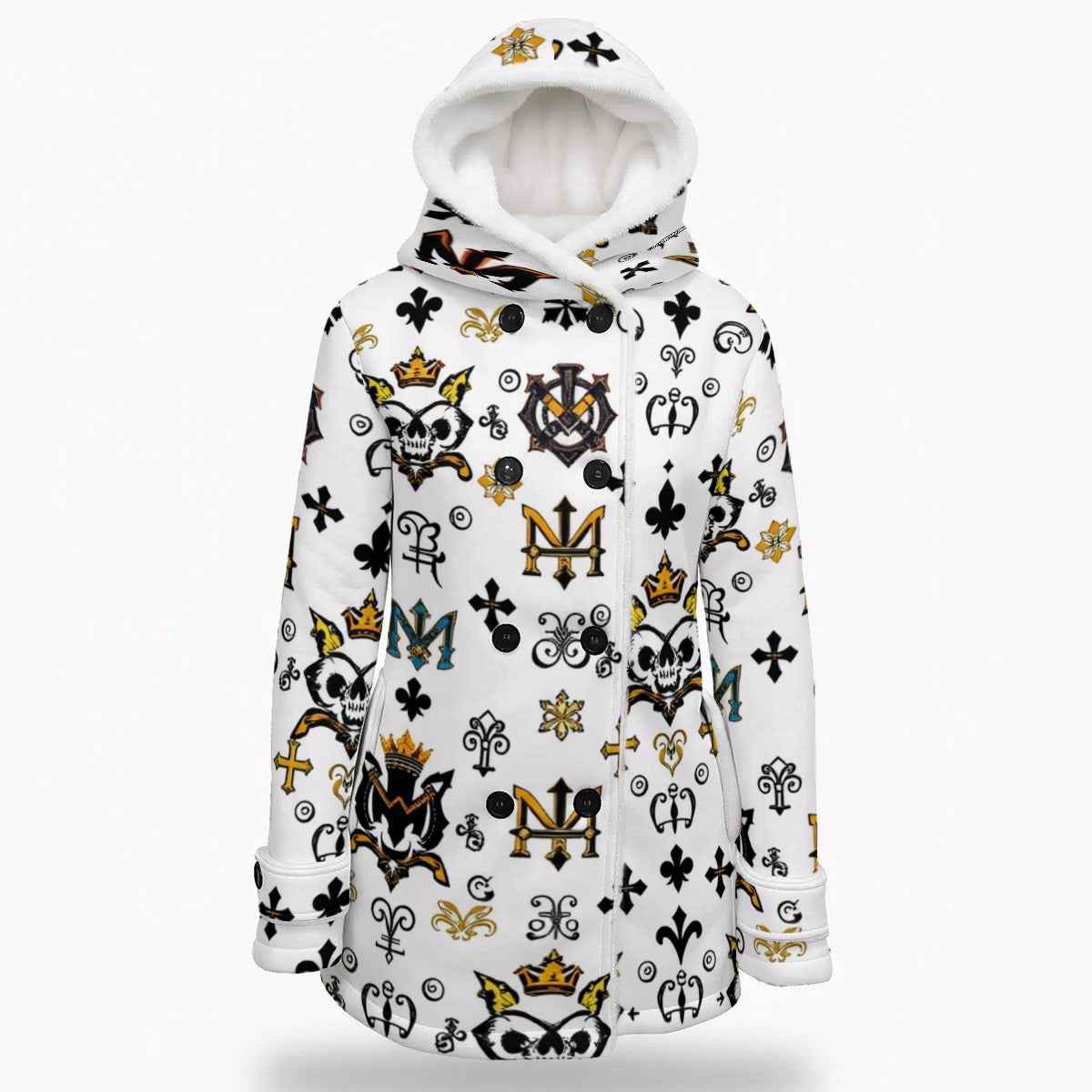 All-Over Print Women's Hooded Double-Breasted Winter Coat With Fleece
