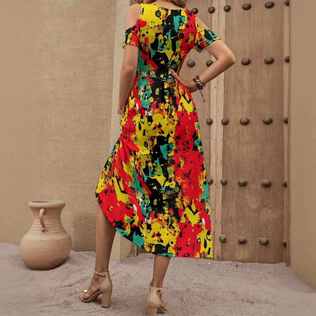 All-Over Print Women's V-neck Off-shoulder Dress