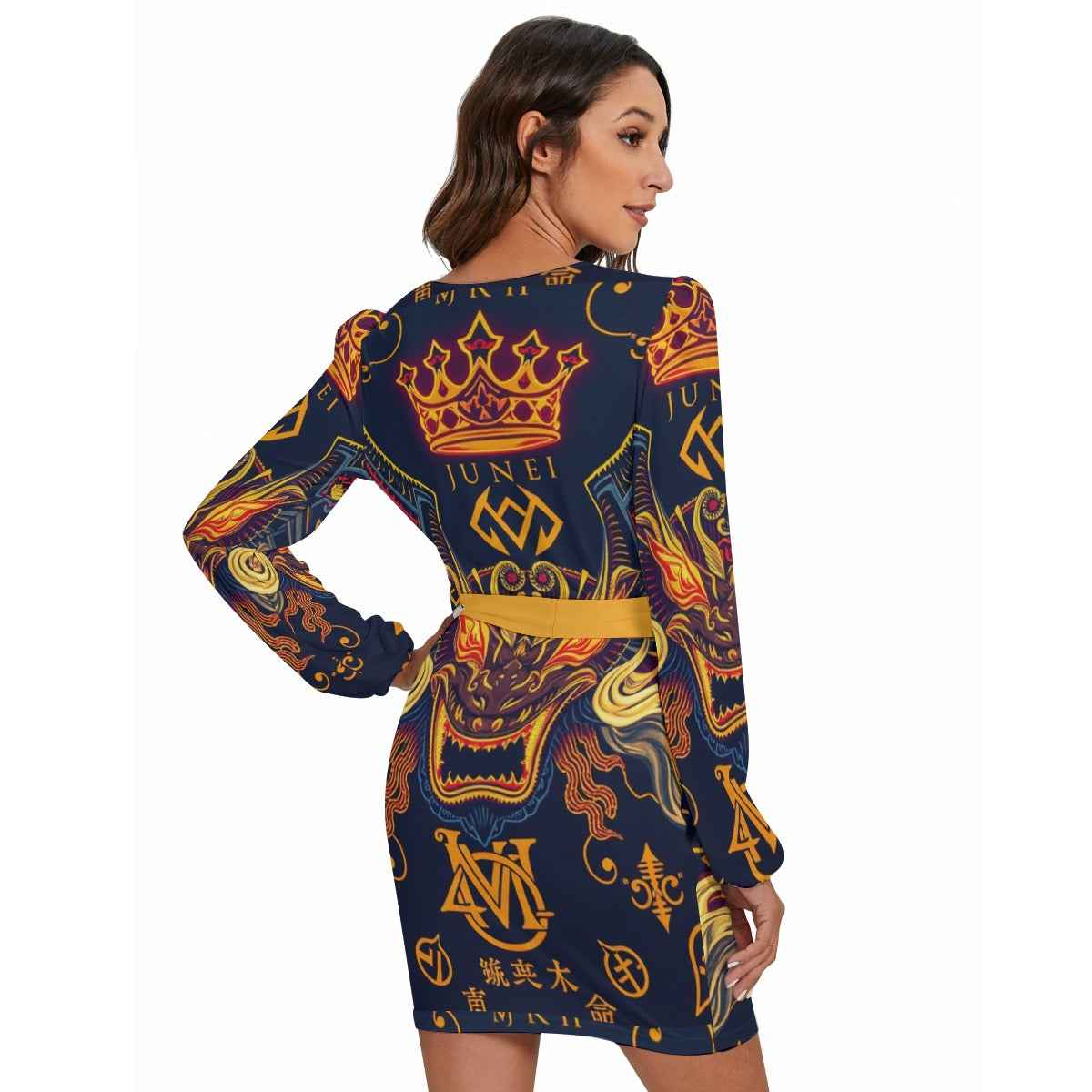MUNSIEUR All-Over Print Women's Long Sleeve Dress With Waist Belt