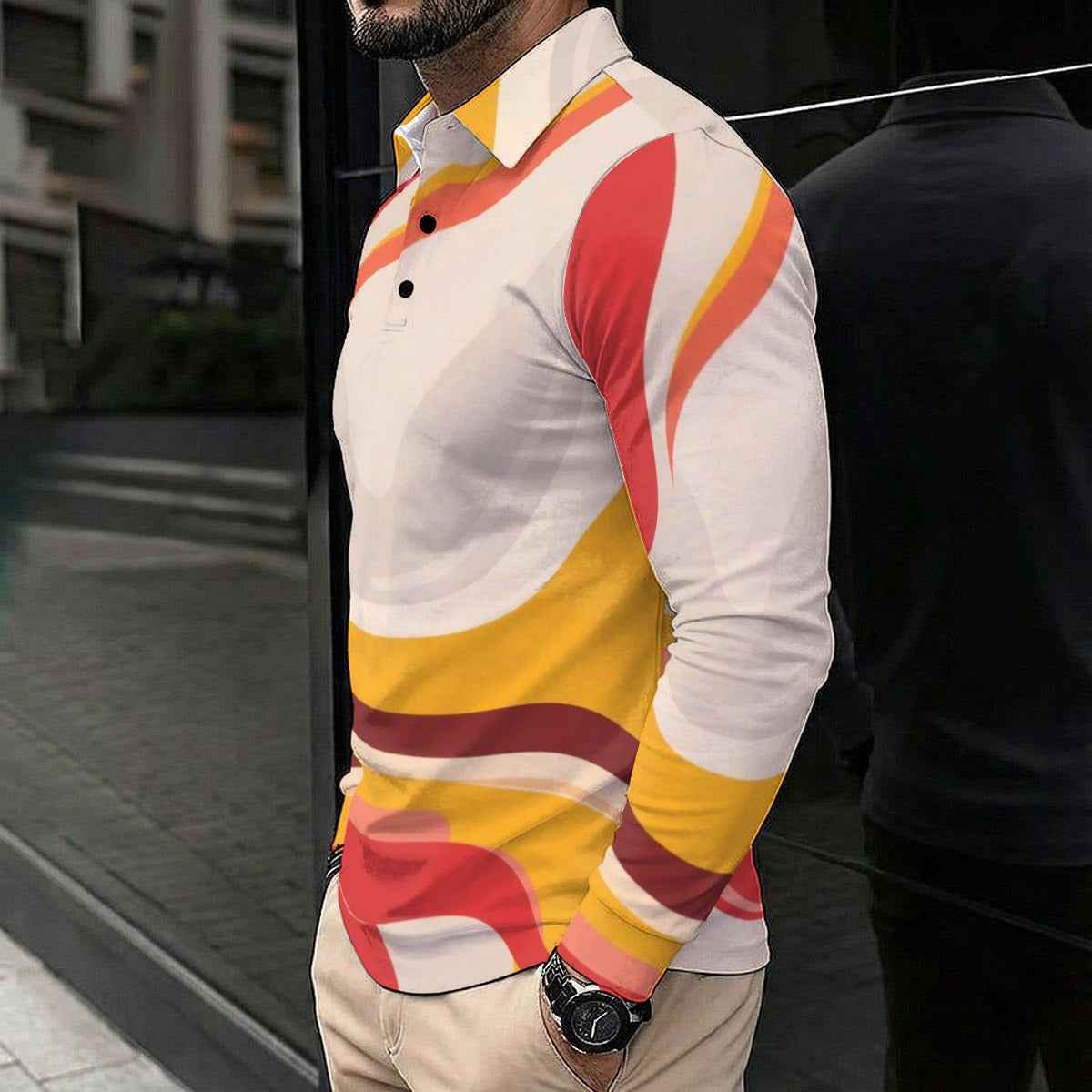 All-Over Print Men's Polo Shirt With Long Sleeve