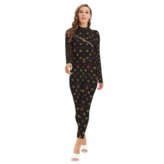 Munsieur All-Over Print Women's Long-sleeved High-neck Jumpsuit With Zipper