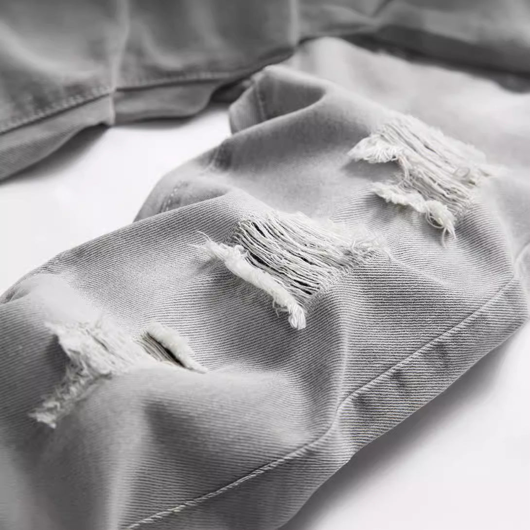 Men's Light Gray Ripped Straight Pants Denim