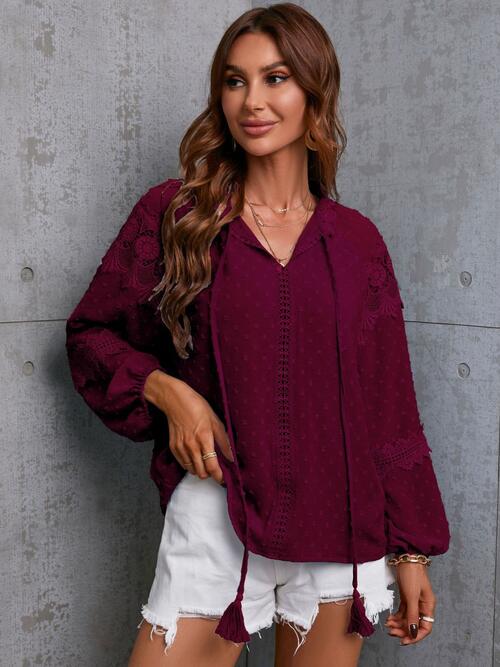 Crochet Tassel Tie Neck Long Sleeve Blouse - Munsieur