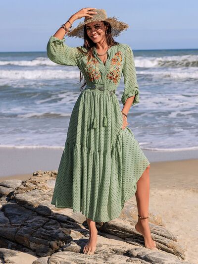Embroidered Polka Dot Tie Neck Long Sleeve Midi Dress - Munsieur