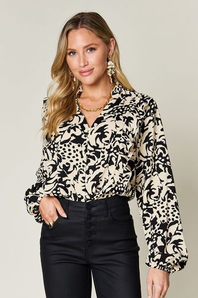 Double Take Full Size Printed Ruffle Trim Balloon Sleeve Shirt - Munsieur