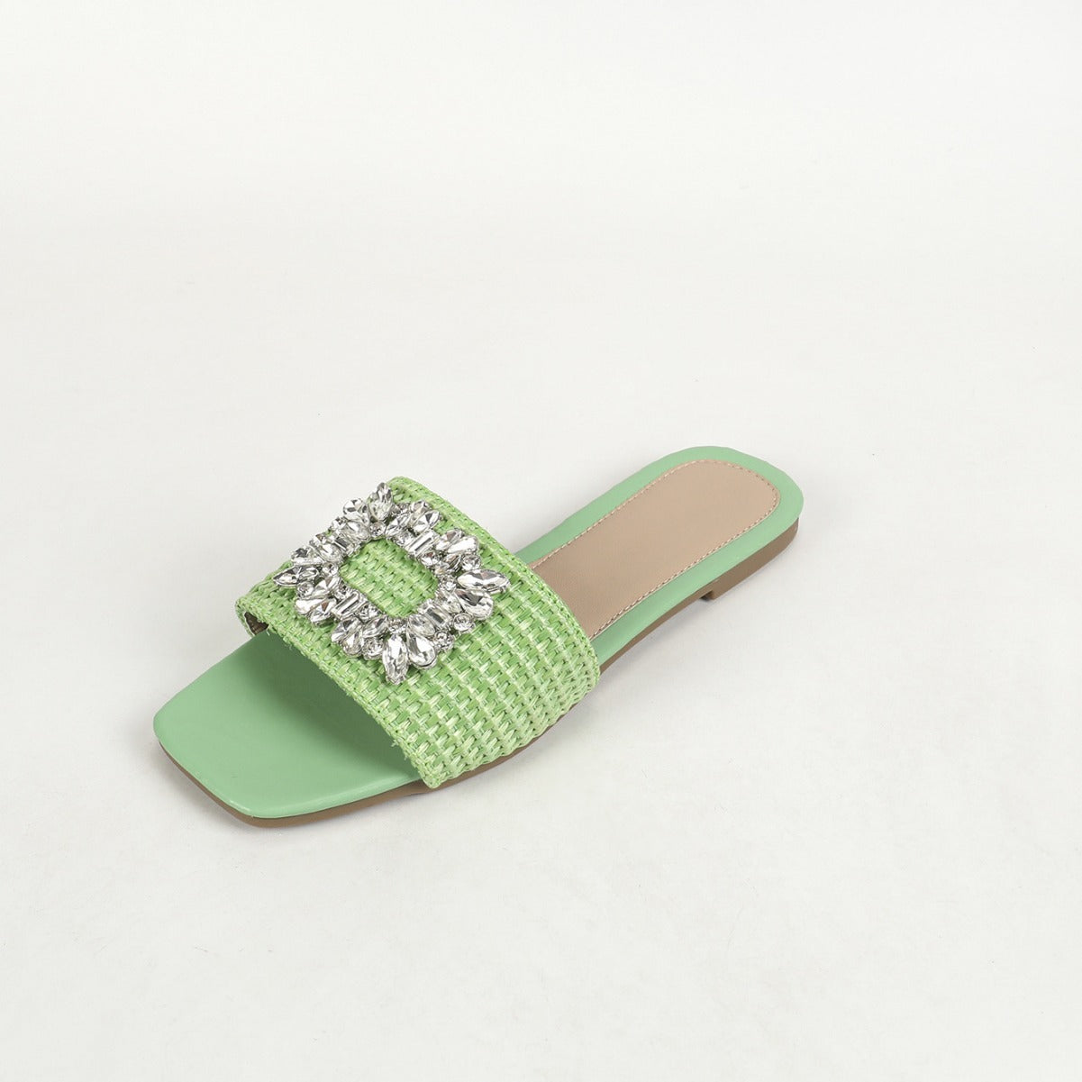 Square Head Straw Rhinestone Flats For Outdoors Vacation Leisure Slippers Women