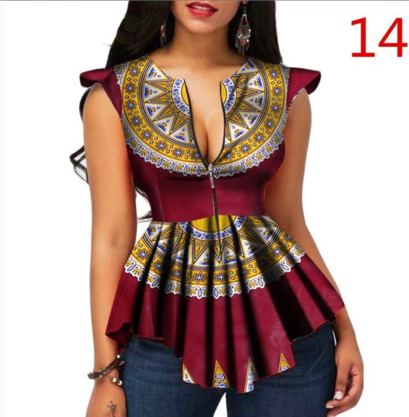 Deep V-neck Zipper Cropped Blouse