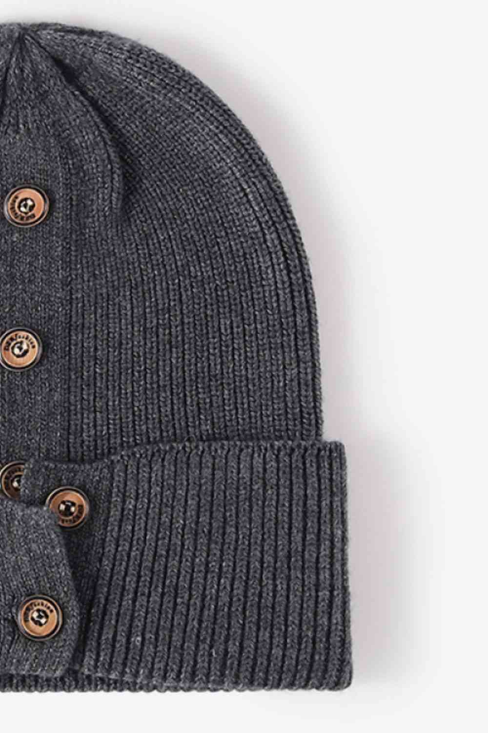 Button Detail Rib-Knit Cuff Beanie - Munsieur