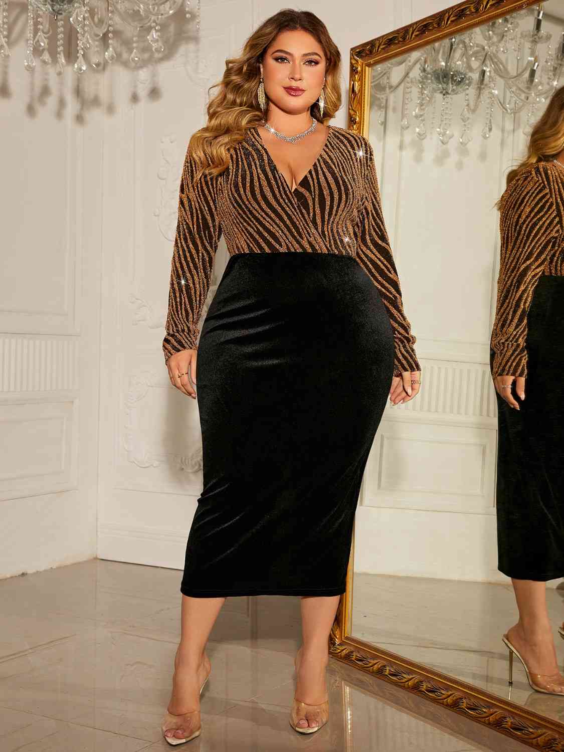 Honey Plus Size Surplice Long Sleeve Slit Dress - Munsieur