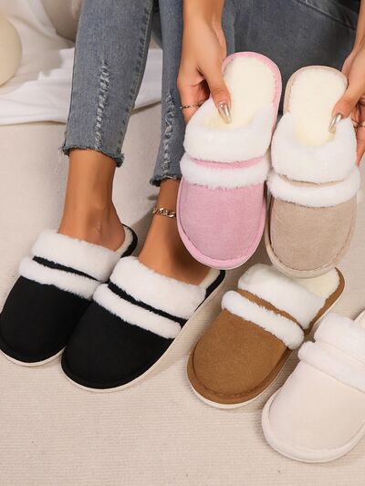 Contrast Faux Fur Round Toe Slippers - Munsieur