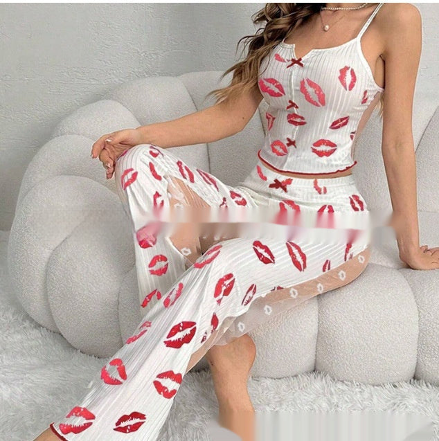 Printed Color Contrast Patchwork Women's Lingerie Pajamas Front Split Sling