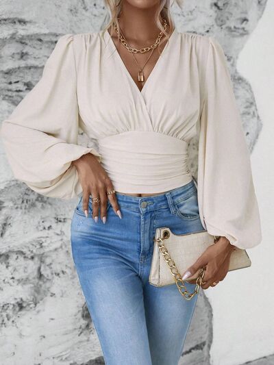 Smocked Surplice Balloon Sleeve Top - Munsieur