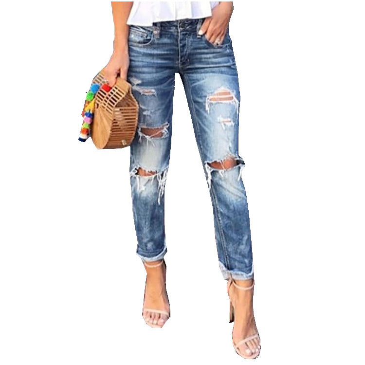 Women's Jeans Ripped Washed Slimming Straight-Leg Style