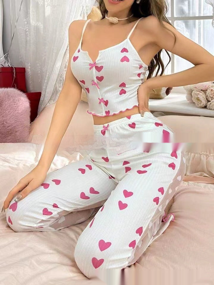 Printed Color Contrast Patchwork Women's Lingerie Pajamas Front Split Sling