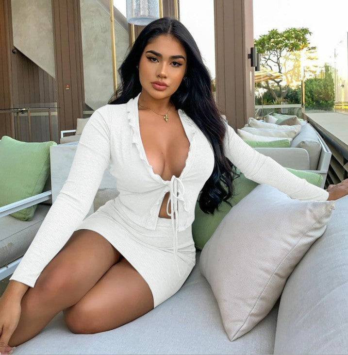 Women's Lace-up Blouse + Hip-Skirt Combo