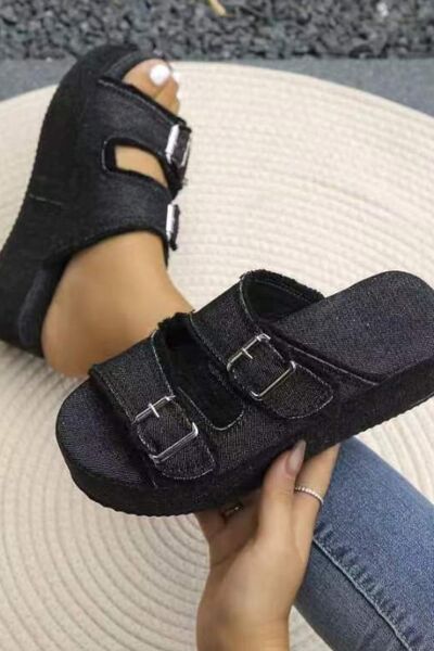 Raw Hem Wedge Buckle Sandals - Munsieur