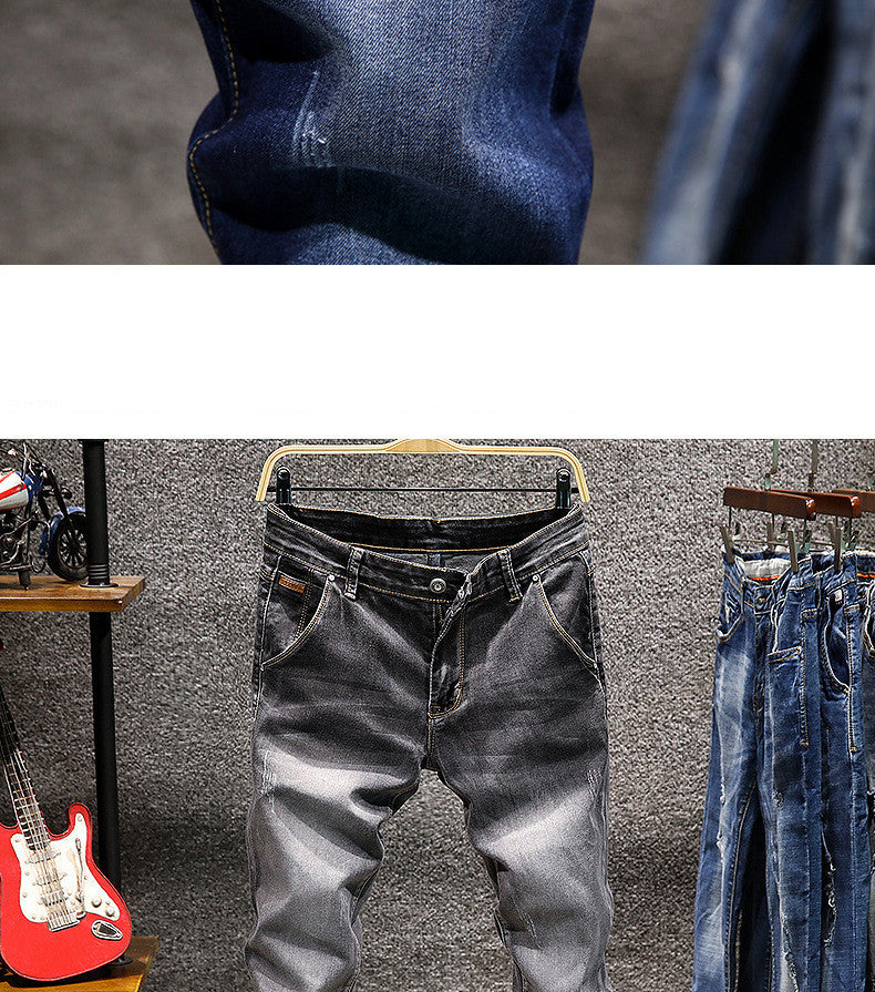 Slim Fit Stretch Small Straight Stone-Washed Solid Color Pants for Men