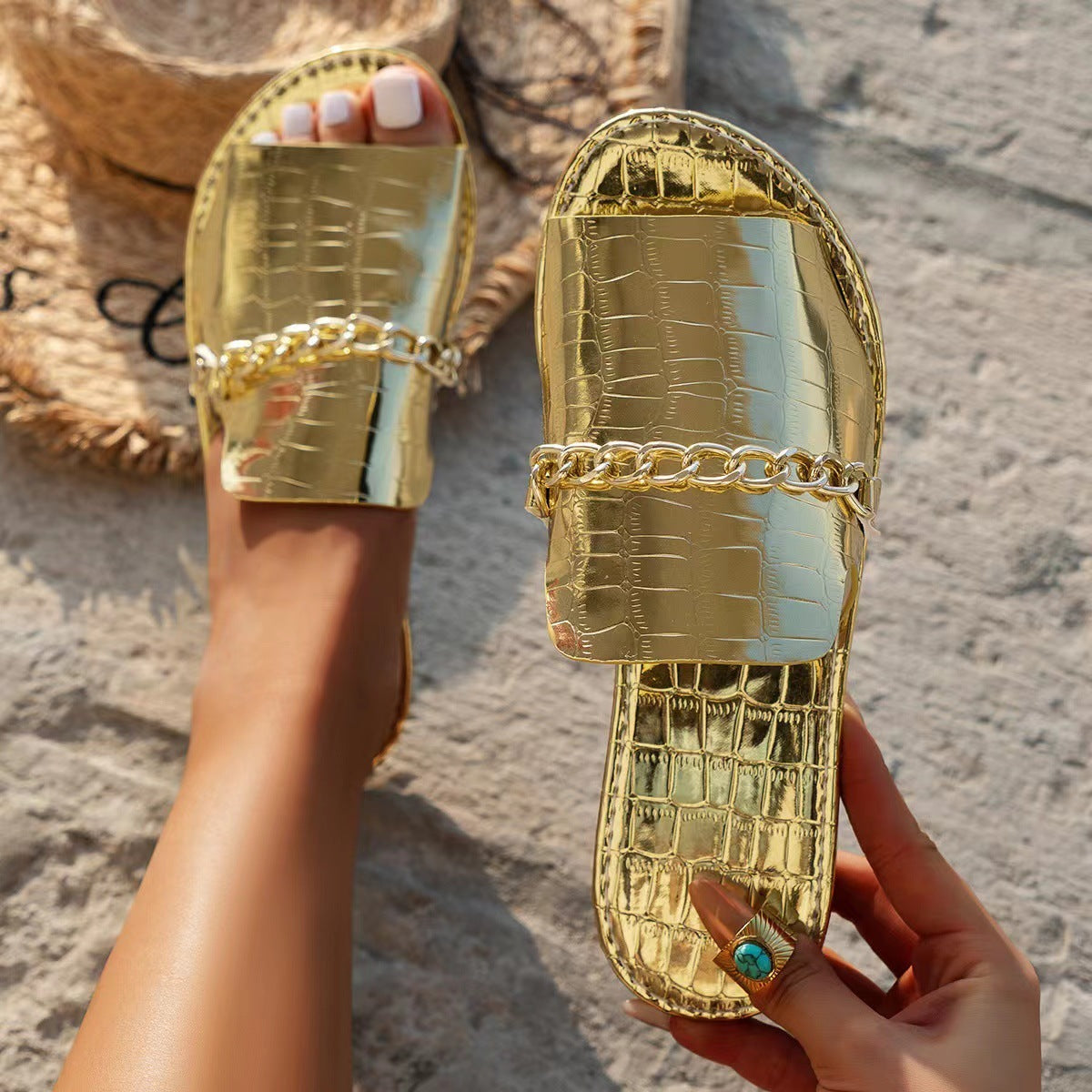 Pattern Chains Sandals Summer Fish Mouth Flats Women's Casual Vacation Beach Slippers