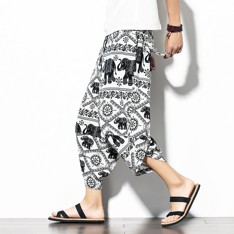 Men's Printed Asian Style Cotton And Linen Loose Joggers