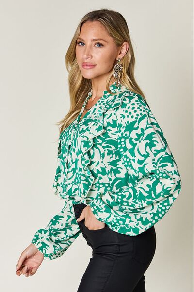 Double Take Full Size Printed Ruffle Trim Balloon Sleeve Shirt - Munsieur
