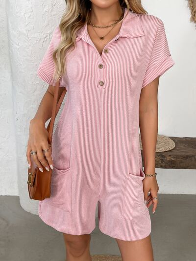 Button Detail Collared Neck Short Sleeve Romper - Munsieur