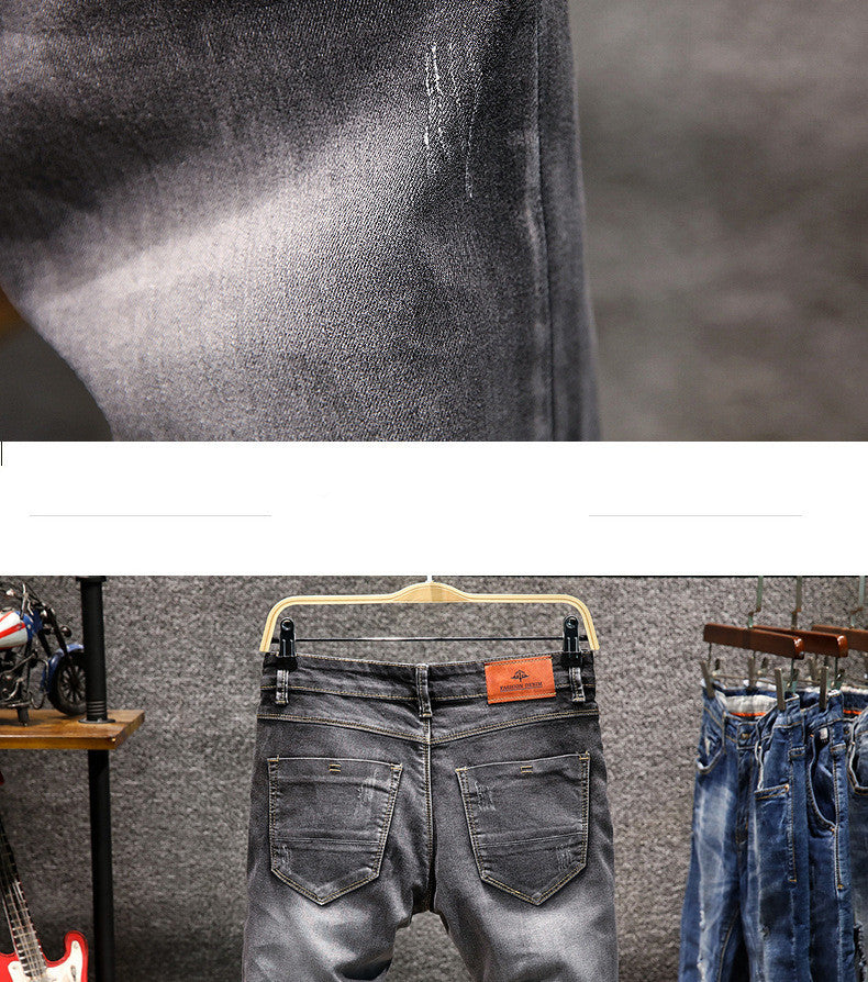 Slim Fit Stretch Small Straight Stone-Washed Solid Color Pants for Men