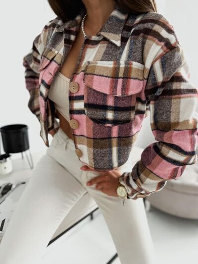 Pocketed Collared Long Sleeve Plaid Jacket - Munsieur