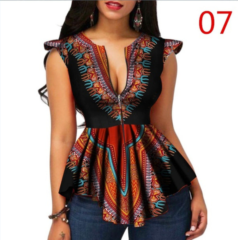 Deep V-neck Zipper Cropped Blouse