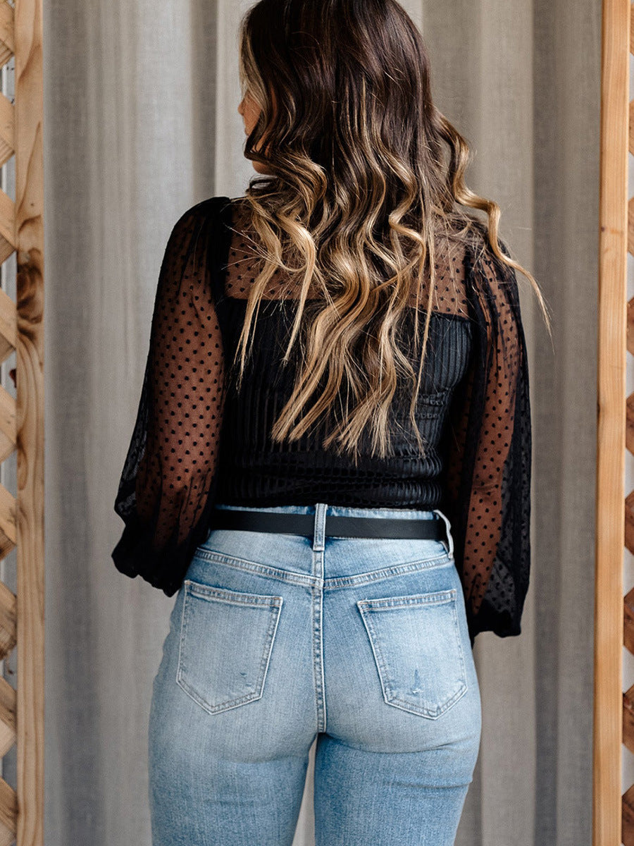 Polka Dot Long Sleeve Knitted Rib Jumpsuit Mesh Stitching Tights