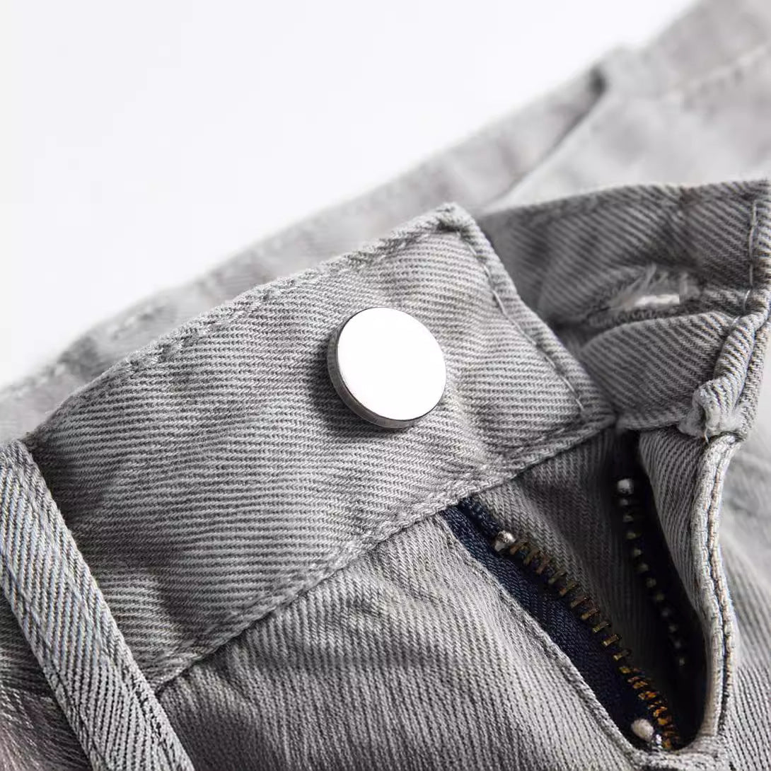 Men's Light Gray Ripped Straight Pants Denim