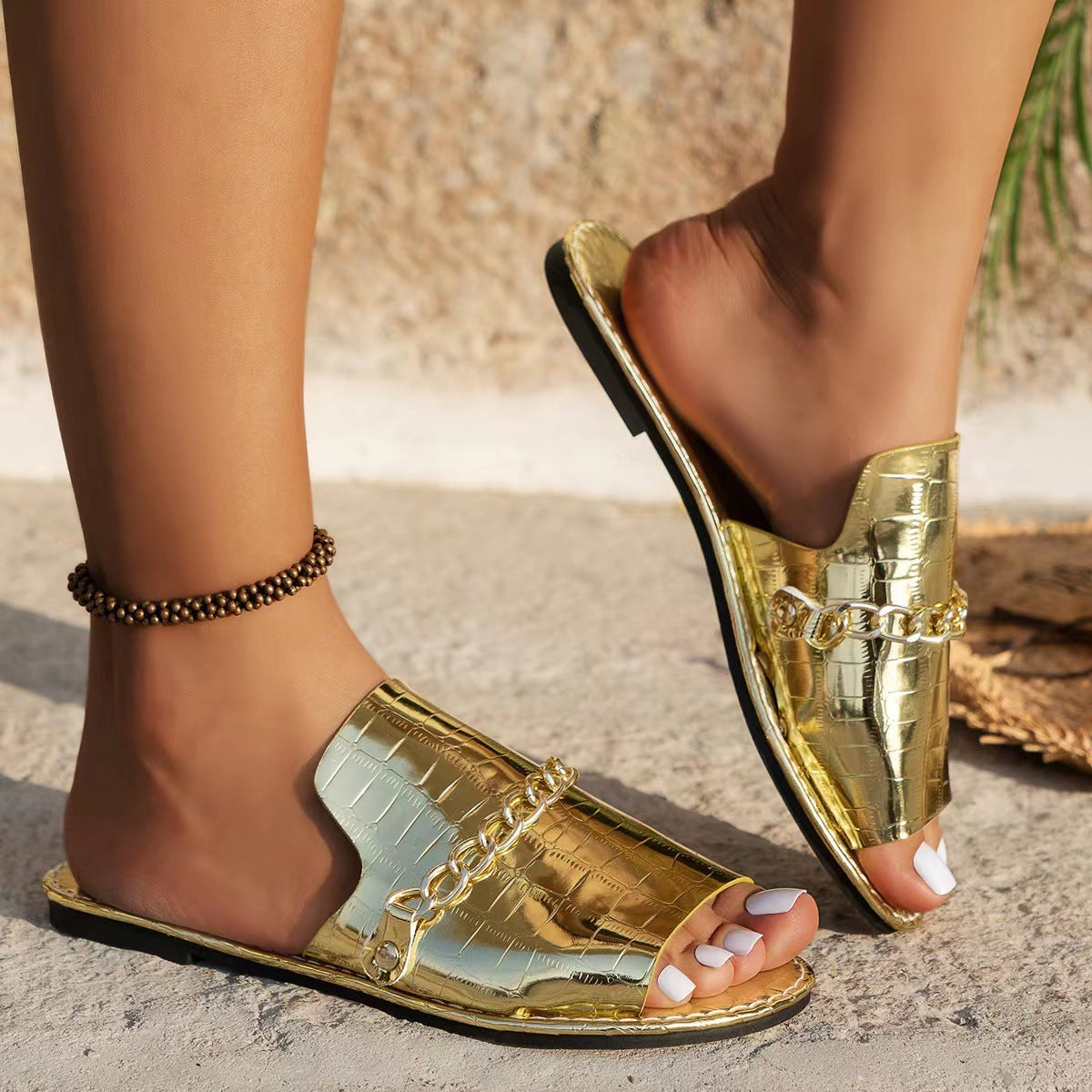 Pattern Chains Sandals Summer Fish Mouth Flats Women's Casual Vacation Beach Slippers