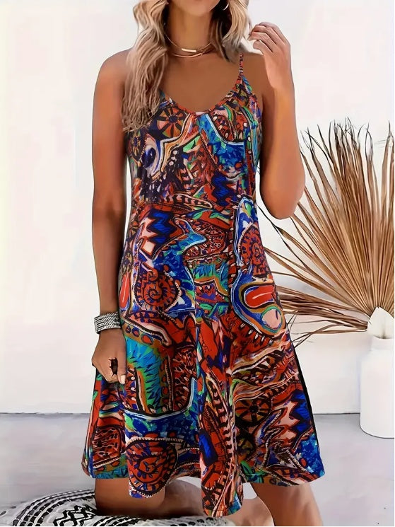 Graffiti Print V Neck Cami Dress, Vacation Sleeveless Loose Cami Dress