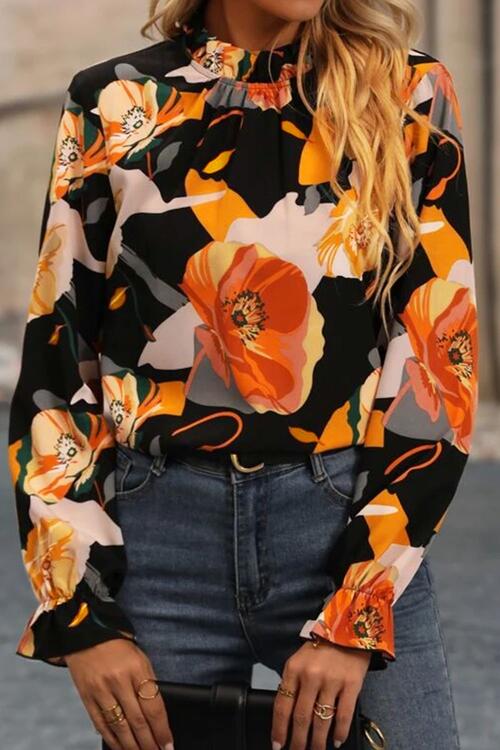 Floral Mock Neck Flounce Sleeve Blouse - Munsieur
