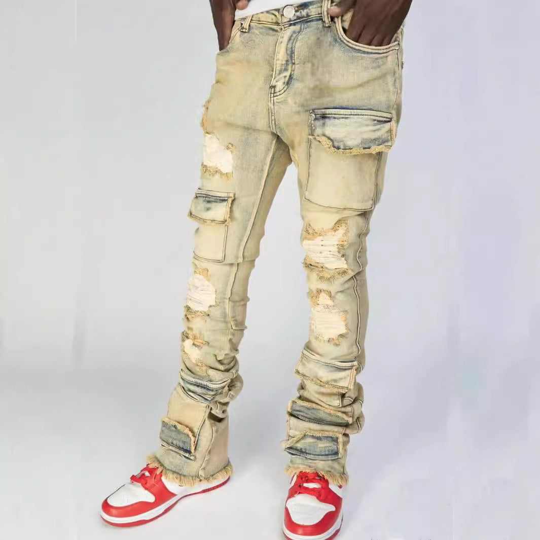 Men's Denim Straight-leg American Fashion Stretch Ripped Laminated Micro-pull Pants