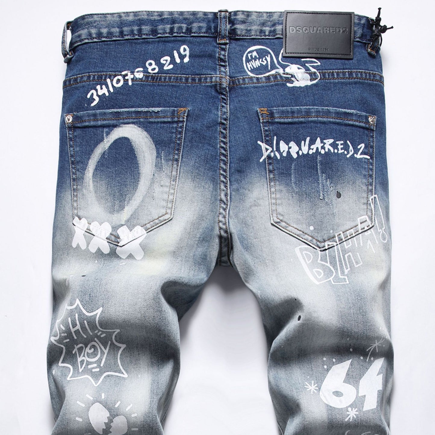 Men's Patchwork Random Line Embroidery Hole Patched Straight-leg Pants