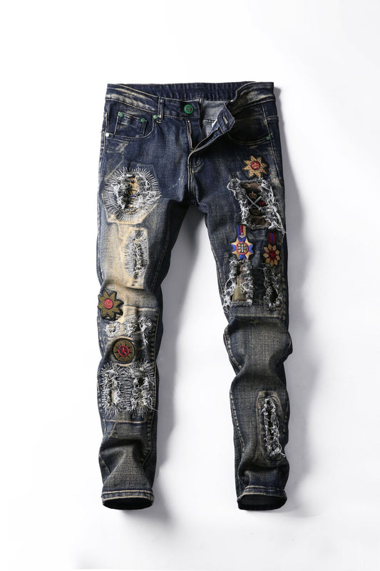 Fashion Retro Embroidery Ripped Pants