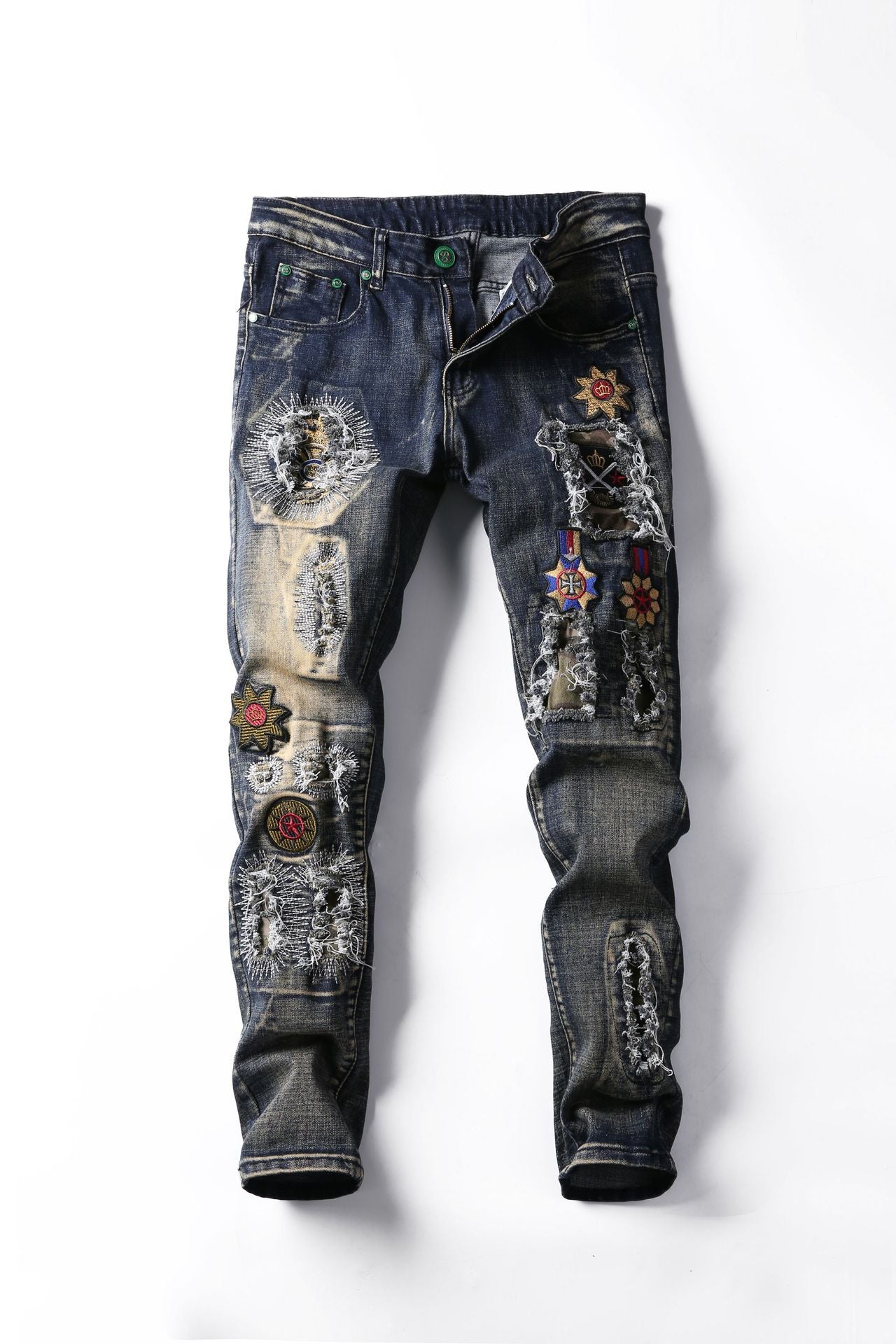 Fashion Retro Embroidery Ripped Pants
