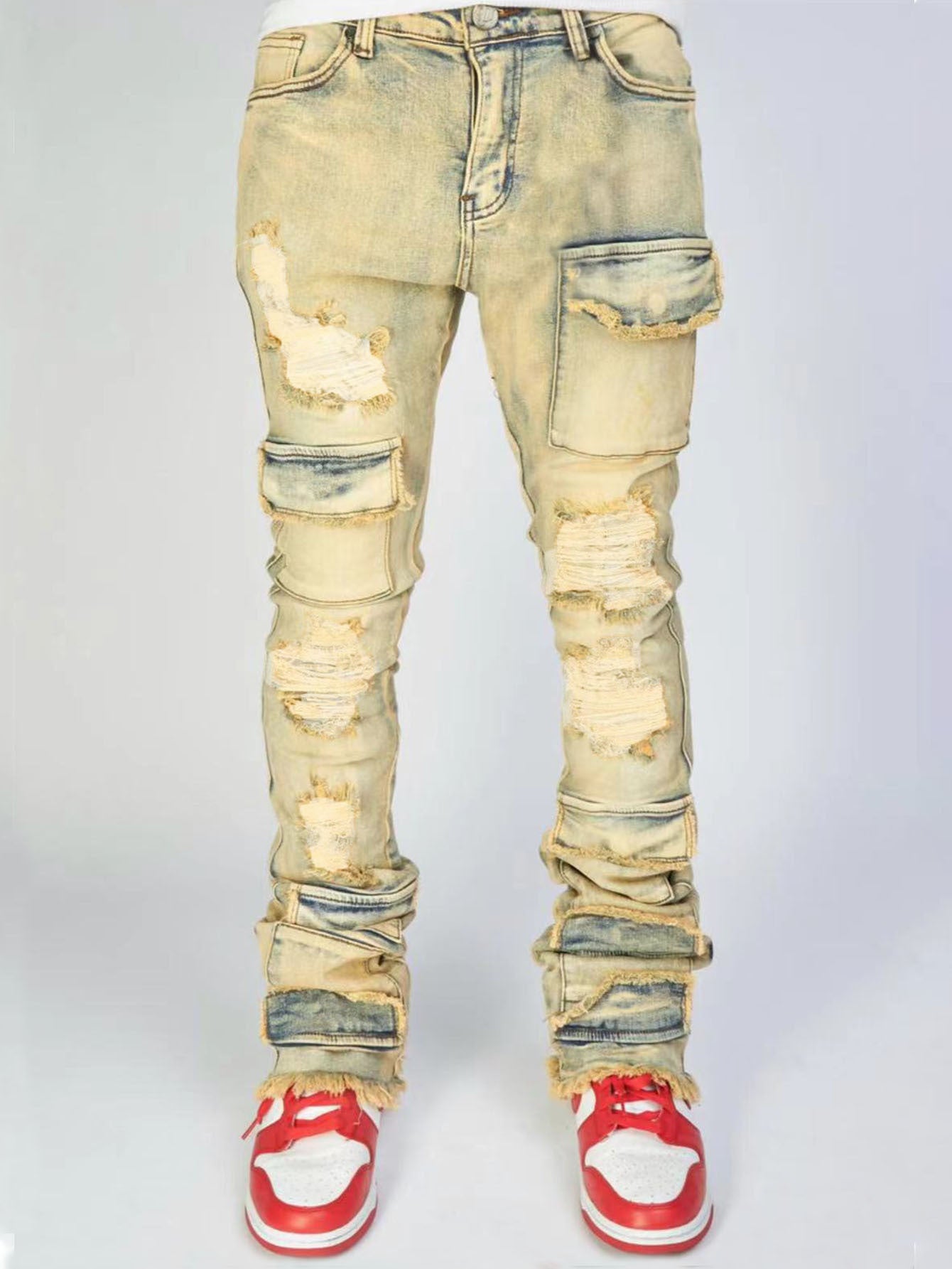 Men's Denim Straight-leg American Fashion Stretch Ripped Laminated Micro-pull Pants