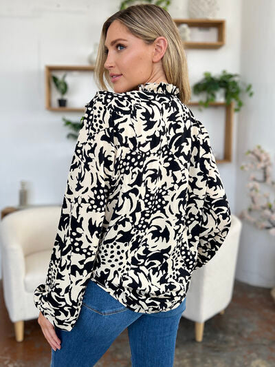 Double Take Full Size Printed Ruffle Trim Balloon Sleeve Shirt - Munsieur