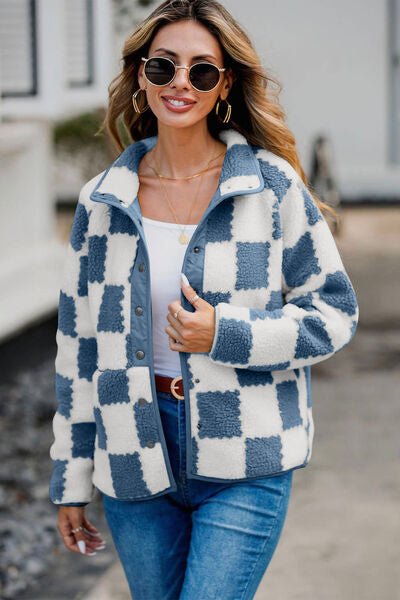 Checkered Snap Down Long Sleeve Teddy Jacket - Munsieur