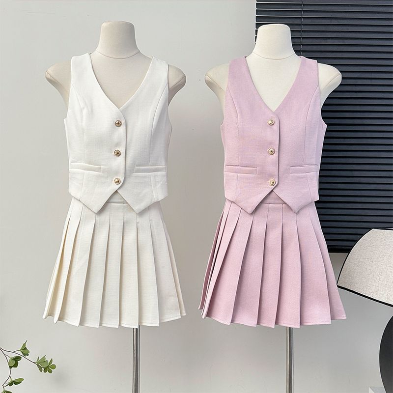 Women's Skirt Set + Blouse Summer High Waist Pleated Skirt Two-piece Skirt Set for Women