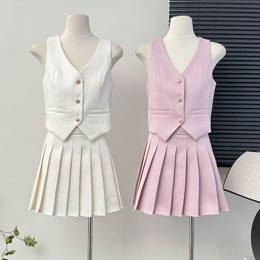 Women's Skirt Set + Blouse Summer High Waist Pleated Skirt Two-piece Skirt Set for Women