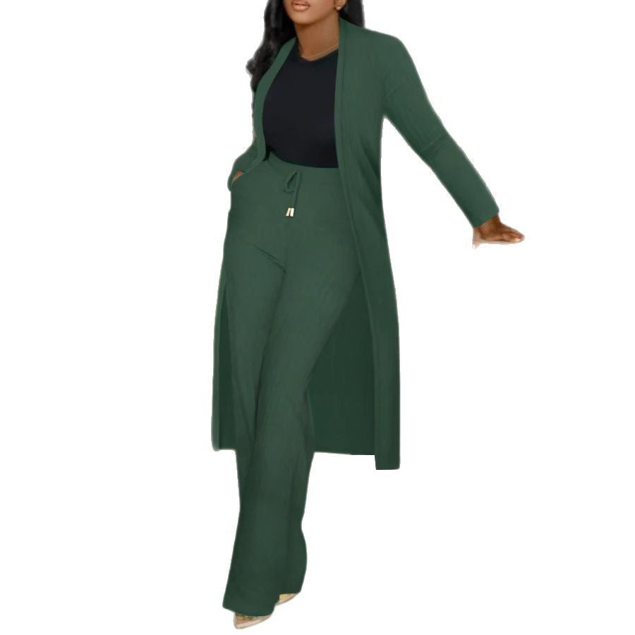 Women's Long Cardigan Jacket Sunken Business suit Stripe Wide Leg Two-piece Set